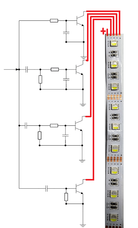 Схема самодельной цветомузыки для RGB-светодиодной ленты (TL074, IRLU024N)
