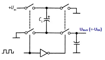 Инвертор напряжения с переключаемыми конденсаторами. C1 и C2 – внешние танталовые конденсаторы емкостью 10 мкФ